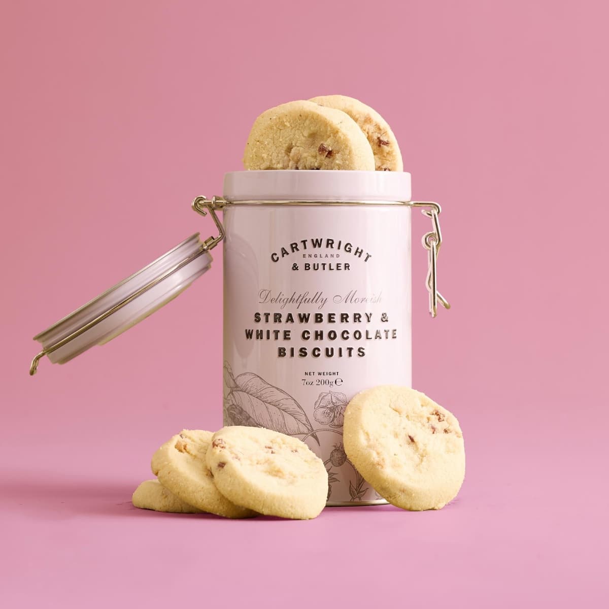 Cartwright & Butler Strawberry & White Chocolate Biscuits in Tin - alternate view